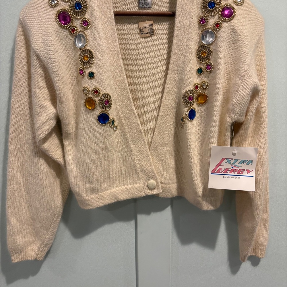 Vintage Extra Energy Cardigan S Angora Silk Jeweled Rhinestone Glam NWT - Picture 5 of 12